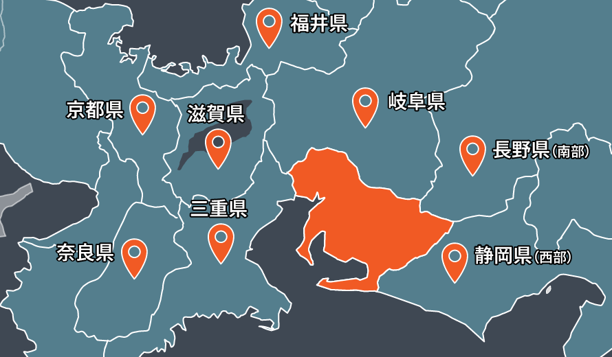 愛知県を中心とした日本地図のイメージ